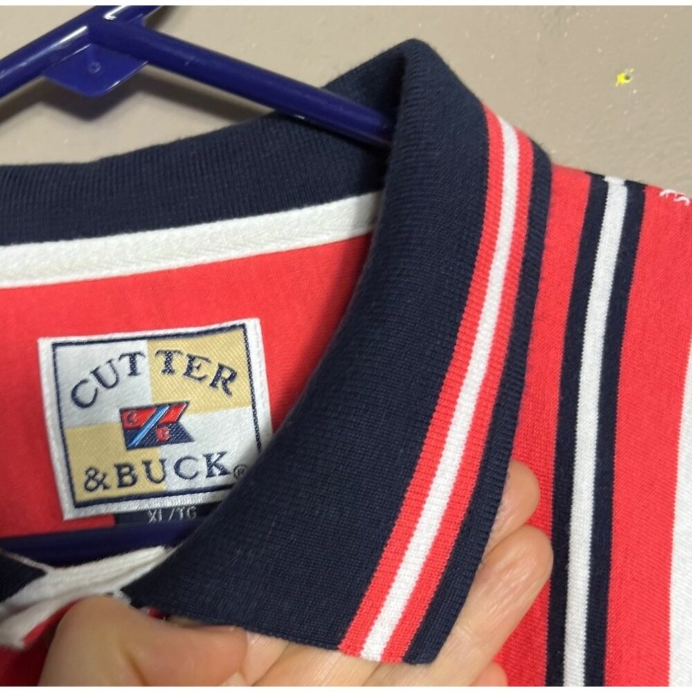 Cutter & Buck Golf Shirt Polo Cotton Summer Classic Tomato Red Striped Mens XLT - Picture 9 of 10
